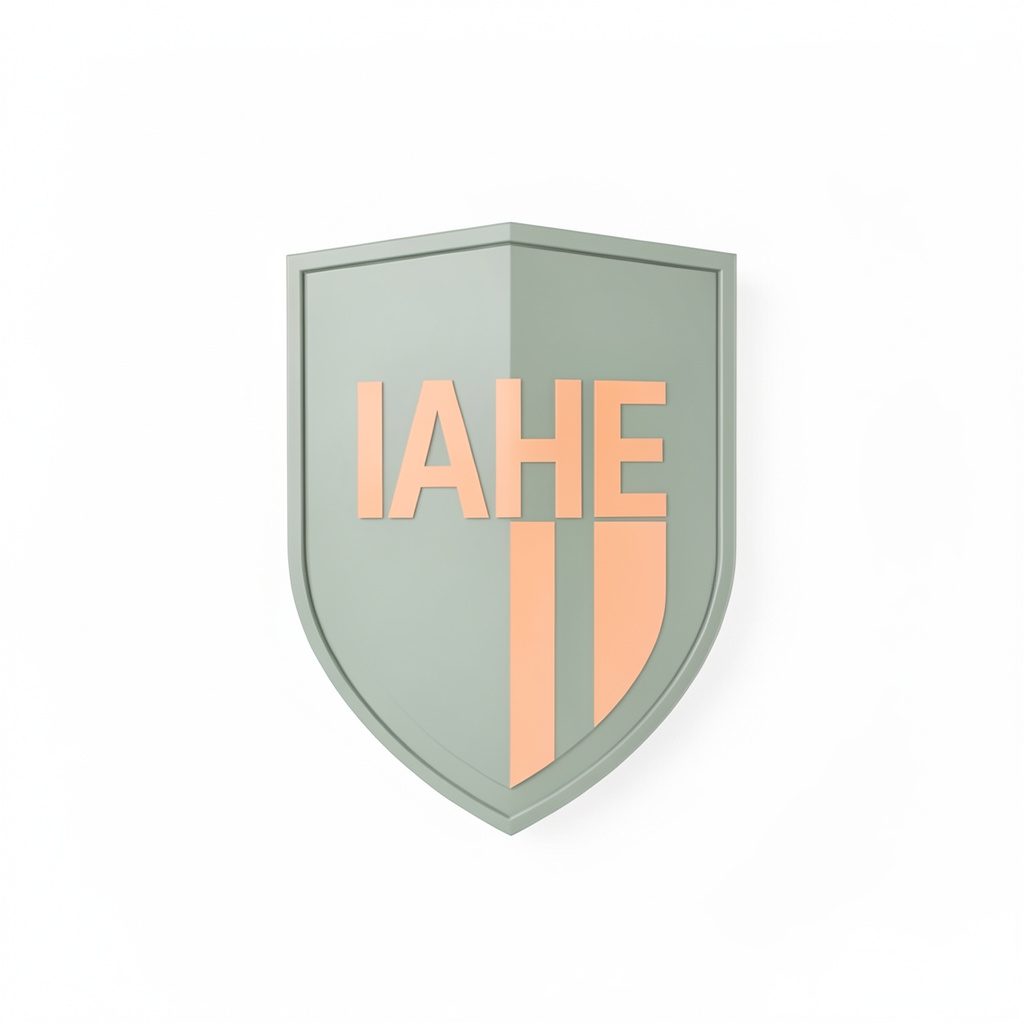 IAHE shield emblem in muted sage green and warm peach tones on a clean white background